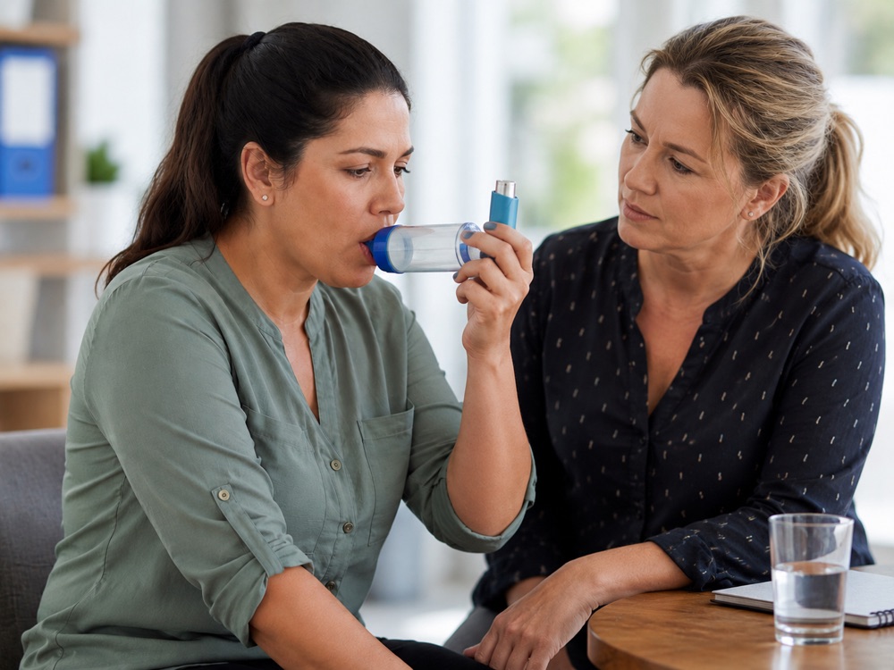 Helping someone use an inhaler and spacer