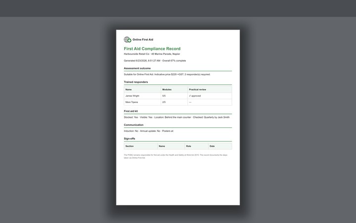 A first aid compliance record open as a PDF